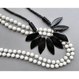 Natural wood black leafs beaded necklace and long white Faux pearl necklace set